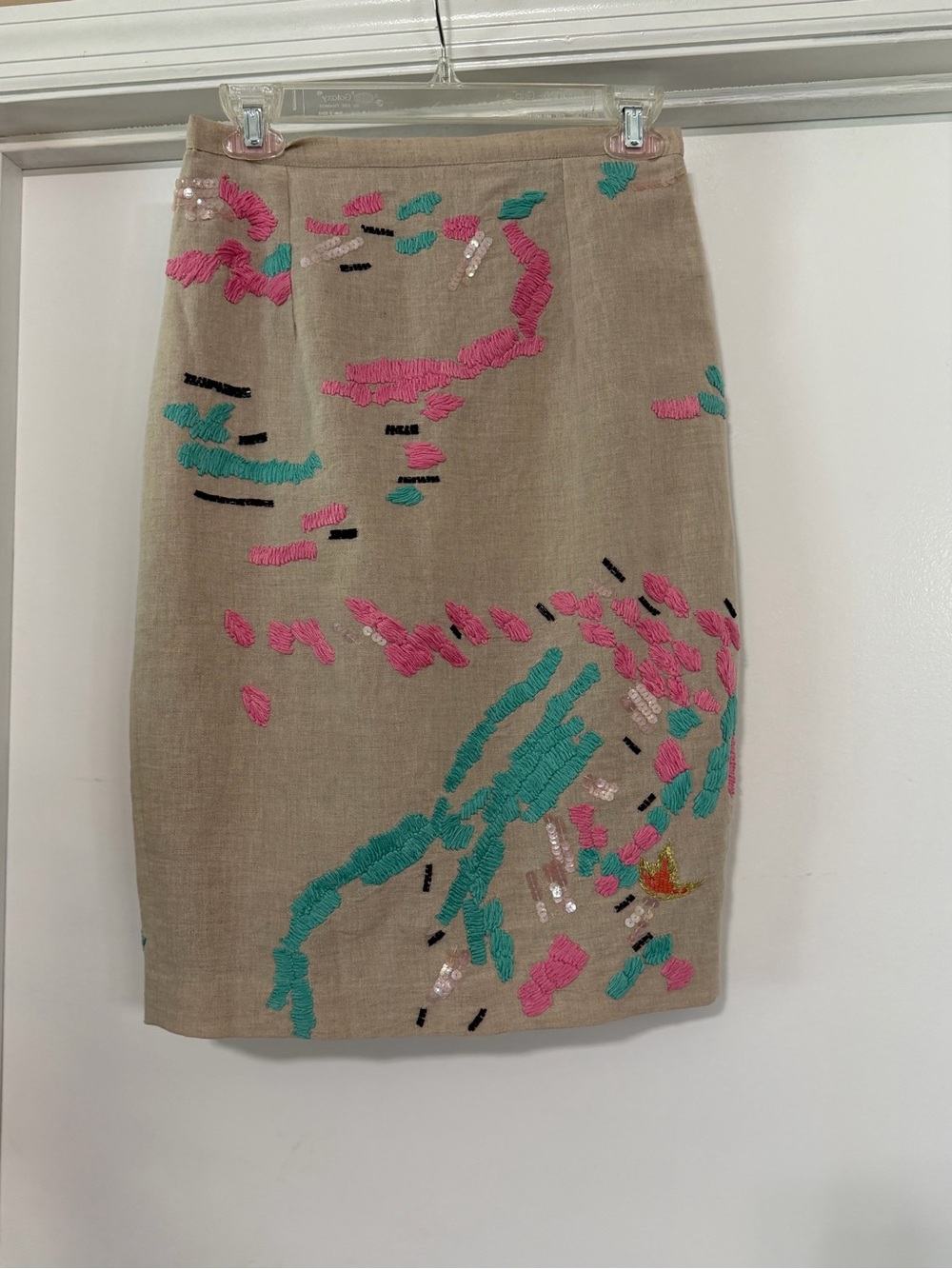 Tracy Reese Anthropologie Beige Pencil Skirt with Pink & Teal Embroidery